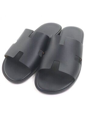 Hermes Izmir Leather Logo Design Shower Sandals Slide Black 43 Boxes